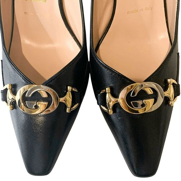 Gucci Zumi Black Leather Heels 37 EU 7 US Interlocking G Horsebit Made in Italy - Picture 4 of 13